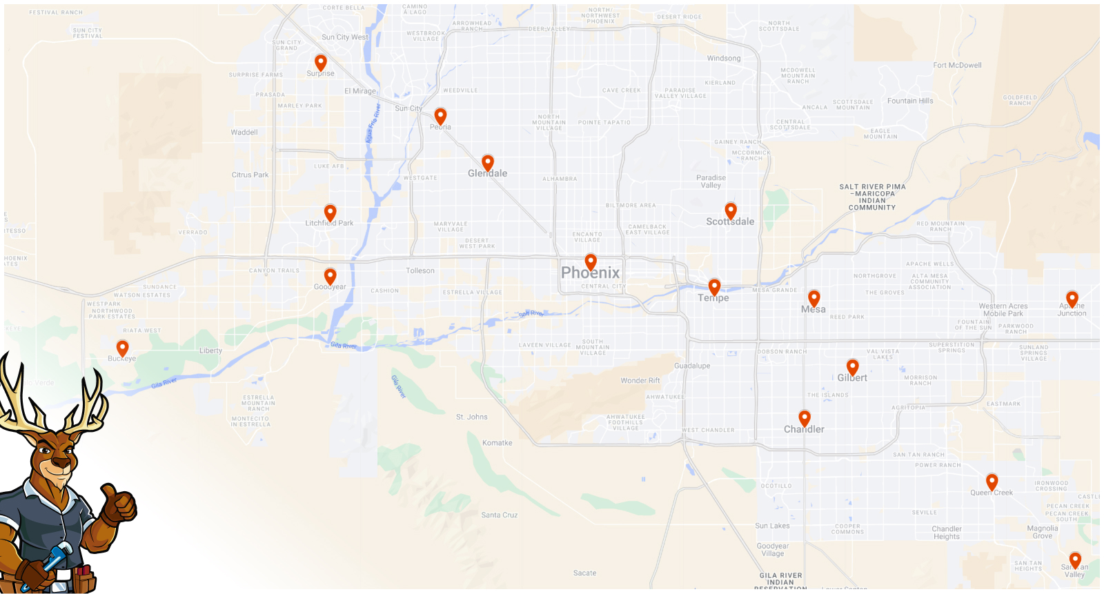 a map with service area location markers